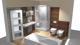 Eleganci koupelny podtrhuje bělostná sanitární keramika, odrážející se od tmavých strukturovaných povrchů. Eleganci koupelny podtrhuje bělostná sanitární keramika, odrážející se od tmavých strukturovaných povrchů.
