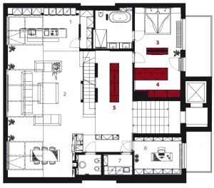 Vestavěné skříně se dají využít i při zařizování architektonicky netradičně pojatých prostor, jak můžeme vidět na půdorysu loftového bytu. Důmyslným řešením je například „vícefunkční“ solitér v ložnici – viz č. 3 na půdorysu bytu (DONLIĆ). Vestavěné skříně se dají využít i při zařizování architektonicky netradičně pojatých prostor, jak můžeme vidět na půdorysu loftového bytu. Důmyslným řešením je například „vícefunkční“ solitér v ložnici – viz č. 3 na půdorysu bytu (DONLIĆ).