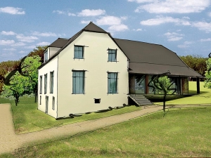 Návrh – pohled východní. Architekti zachovali tvar střechy, pálenou taškovou krytinu nahradil (CEMBRIT). Návrh – pohled východní. Architekti zachovali tvar střechy, pálenou taškovou krytinu nahradil (CEMBRIT).