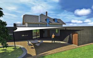 Severovýchodní nároží získá nový, výrazně dynamický charakter. Rozšíření východním a severním směrem zcela mění proporce domu. Severovýchodní nároží získá nový, výrazně dynamický charakter. Rozšíření východním a severním směrem zcela mění proporce domu.