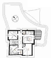 Půdorys podkroví - návrh: 1) chodba, 2) pokoj, 3) koupelna + WC, 4) sauna, 5) pokoj, 6) WC, 7) koupelna, 8) ložnice, 9) terasa. Půdorys podkroví - návrh: 1) chodba, 2) pokoj, 3) koupelna + WC, 4) sauna, 5) pokoj, 6) WC, 7) koupelna, 8) ložnice, 9) terasa.