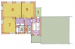 1. PATRO - NÁVRH: 1 mezipodesta, 2 schodiště, 3 hala + kuchyň, 4 předsíň, 5 WC, 6 koupelna, 7-9 pokoj. 1. PATRO - NÁVRH: 1 mezipodesta, 2 schodiště, 3 hala + kuchyň, 4 předsíň, 5 WC, 6 koupelna, 7-9 pokoj.