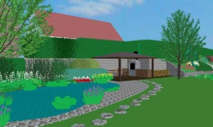 Jeden z možných příkladů uspořádání posezení a koupacího jezírka v blízkosti kamenné zídky podle zahradní architektky Pavlíny Elfové. Jeden z možných příkladů uspořádání posezení a koupacího jezírka v blízkosti kamenné zídky podle zahradní architektky Pavlíny Elfové.