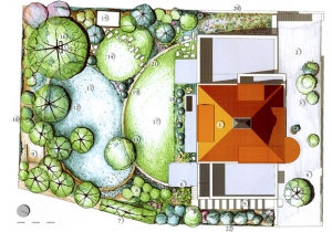 Schéma zahrady: 1) rodinný dům 2) dvůr – žulové kostky 3) mobilní zeleň (corten nebo beton) 4) solitérní strom (Carpinus betilus) `Fastigiata` 5) schodiště do zahrady 6) záhon růží a travin ve svahu 7) stávající jabloně 8) skupina drobného ovoce 9) kompost 10) rybíz a angrešty 11) kvetoucí louka 12) stávající stromy 13) solitérní magnolie 14) parterový trávník s kamennými šlapáky 15) sauna 16) lavička pod ořešákem 17) parterový trávník – vyčleňující formální část zahrady 18) bylinky a okrasné trvalky nízkého vzrůstu mezi terasami 19) buxusové koule 20) střešní zahrada – xerofytní vegetace a trávy 21) suchá zídka (opuka nebo pískovec) nebo terénní modulace – rozčlenění ploch (údržba, vizuální členění) 22) skupina vždyzelených keřů. Schéma zahrady: 1) rodinný dům 2) dvůr – žulové kostky 3) mobilní zeleň (corten nebo beton) 4) solitérní strom (Carpinus betilus) `Fastigiata` 5) schodiště do zahrady 6) záhon růží a travin ve svahu 7) stávající jabloně 8) skupina drobného ovoce 9) kompost 10) rybíz a angrešty 11) kvetoucí louka 12) stávající stromy 13) solitérní magnolie 14) parterový trávník s kamennými šlapáky 15) sauna 16) lavička pod ořešákem 17) parterový trávník – vyčleňující formální část zahrady 18) bylinky a okrasné trvalky nízkého vzrůstu mezi terasami 19) buxusové koule 20) střešní zahrada – xerofytní vegetace a trávy 21) suchá zídka (opuka nebo pískovec) nebo terénní modulace – rozčlenění ploch (údržba, vizuální členění) 22) skupina vždyzelených keřů.