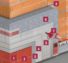 Baumit Ceramic – řez fasádou, vrstvy: 1 - Keramický obklad, 2 - Baumit Ceramic F – cementová spárovací hmota, 3 - Baumit Baumacol FlexTop – flexibilní lepidlo na obklady a dlažby, 4 - Baumit StarContact – lepicí a stěrková hmota s vysokou přídržností, 5 - Baumit KeraTex – sklotextilní síťovina pro výztužnou vrstvu, 6 - Baumit StarTherm – šedé objemově stabilizované fasádní desky z polystyrenu, 7 - Baumit S – hmoždinky s ocelovým šroubovacím trnem
